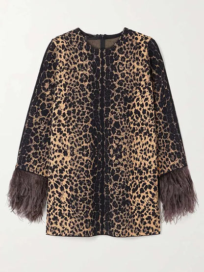 Long Sleeves Feathers Leopard Round-neck Pants Pants Set T-shirts Tops Two-piece Sets
