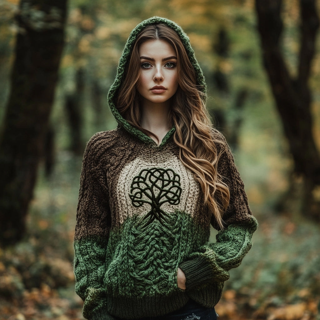 Women's Celtic Tree Of Life Ombre Pocket Hooded Sweater elevenforest