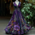Women's Vintage Embroidered Pansy Floral Belt Vest Maxi Dress elevenforest