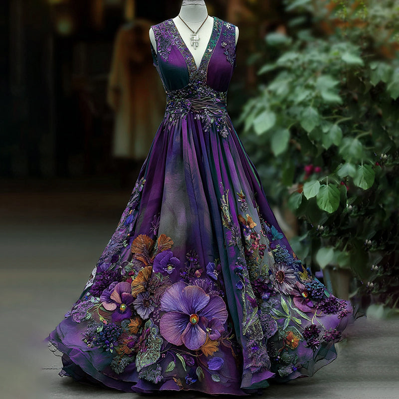 Women's Vintage Embroidered Pansy Floral Belt Vest Maxi Dress elevenforest