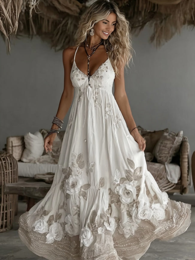 Women's Vintage Rose Embroidery Art Casual Camisole Dress elevenforest
