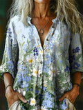 Women's Floral Pattern Art Print Linen Cotton Casual Shirt