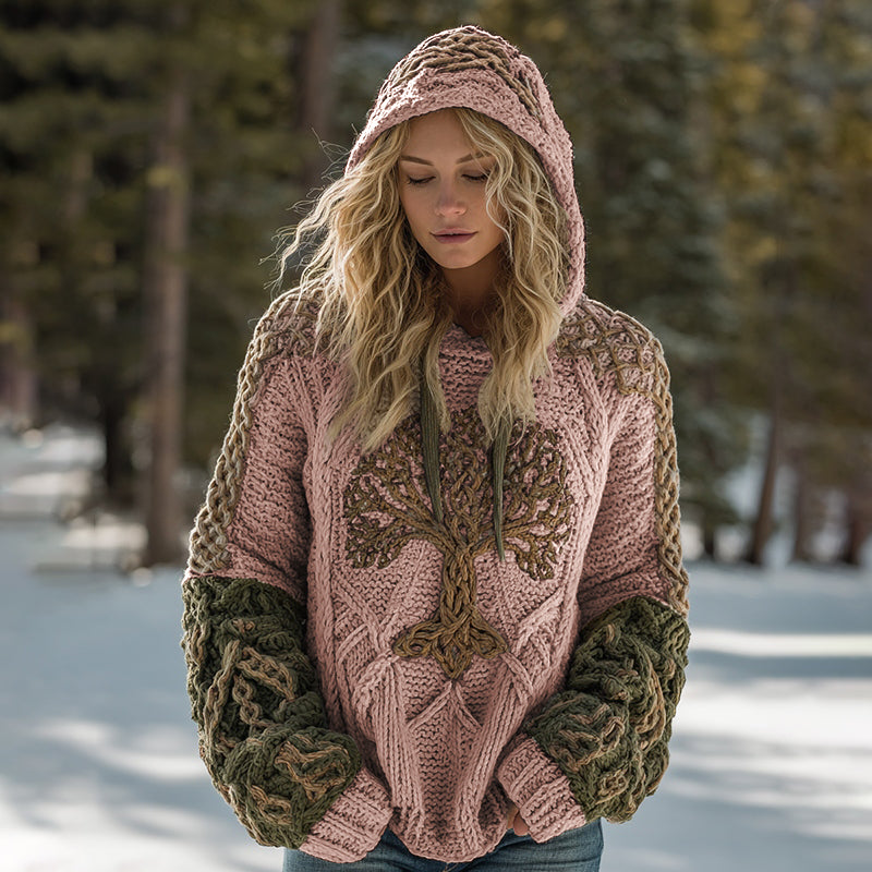Women's Viking Tree Of Life Cozy Knit Hooded Sweater artswardrobe