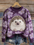 Comstylish Lovely Hedgehog & Flowers Cozy Knit Sweater