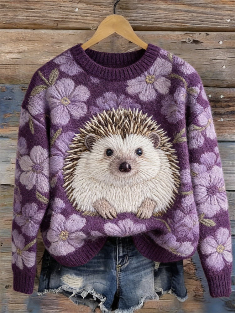 Comstylish Lovely Hedgehog & Flowers Cozy Knit Sweater