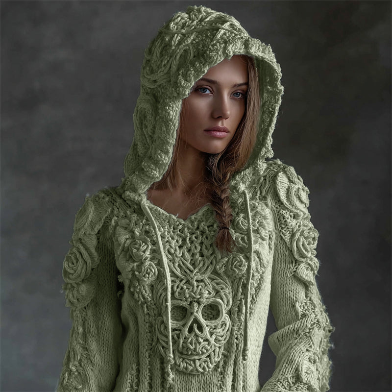 Comstylish Vintage White Roses Viking Celtic Skull Hooded Cozy Knit Sweater