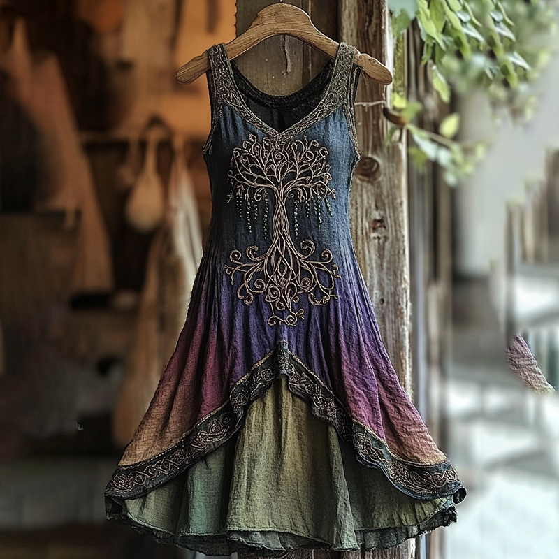 Women's Vintage  Viking Tree Of Life Gradient Linen Dress elevenforest