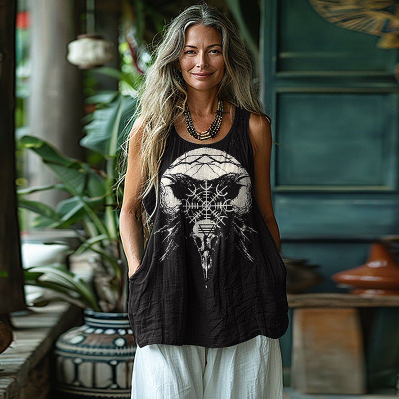 Retro Viking Raven Art Linen Blend Tank Top elevenforest