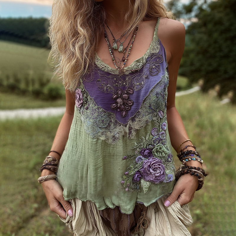 Vintage Purple Lavender And Floral Embroidered Linen V-neck Camisole elevenforest