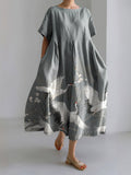 Crane Print Crew Neck Short Sleeves Midi Dress