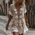 Women's Vintage Romantic White Rose Embroidery Art Comfy Linen Mini Dress elevenforest