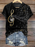 Women's Music Clef Pattern Print Casual Crew Neck T-Shirt