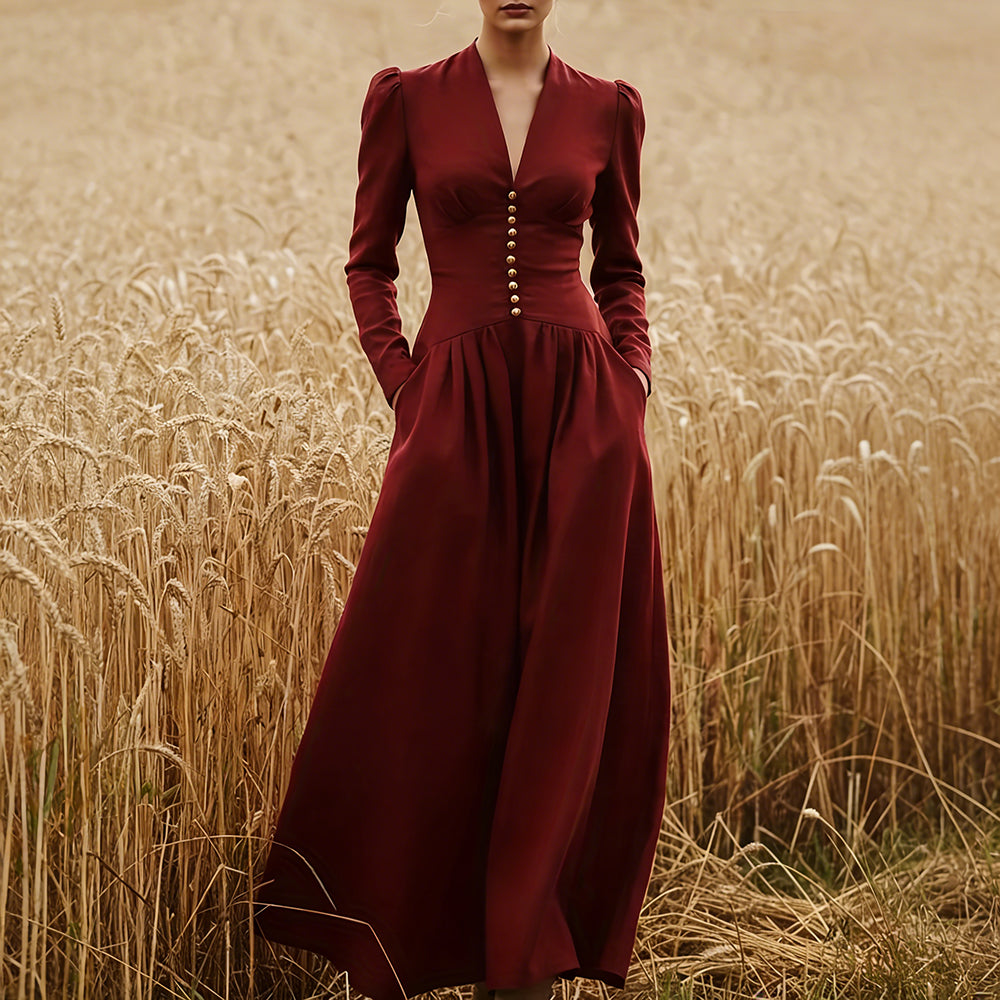 Comstylish Vintage Classy V Neck Flowy Linen Maxi Dress
