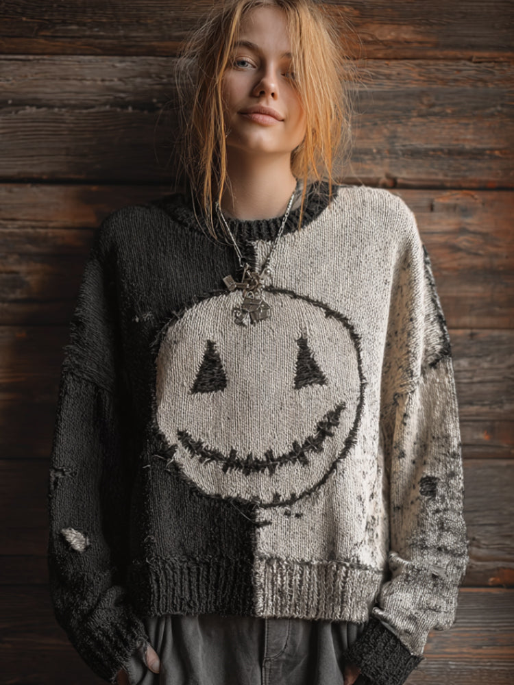 Halloween Black And White Color-blocked Smiley Face Casual Vintage Sweater elevenforest
