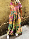 Women's Floral Art Print Pocket Short Sleeve Cotton Dresses