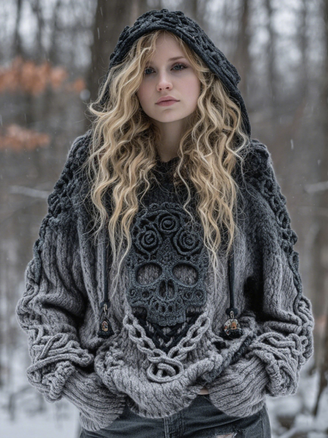 Women's Vintage Viking Tribal Celtic Skull Gradient Art Chunky Knit Hooded Sweater elevenforest