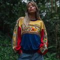 Retro Venezuela Inspired Ethnic Floral Color Blocking Cozy Crew Neck Sweatshirt elevenforest