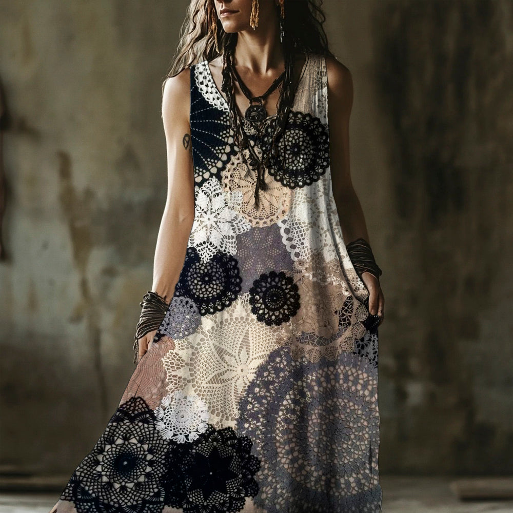Vintage Lace Floral Art Women's Linen Vest Dress elevenforest