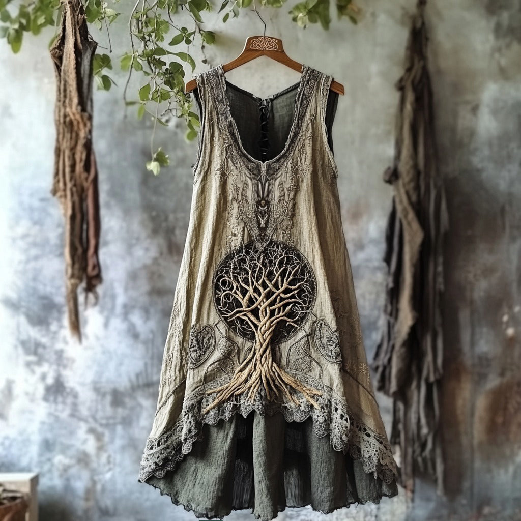 Tribal Life Of Tree Celtic Embroidery Art Linen Tank Dress elevenforest