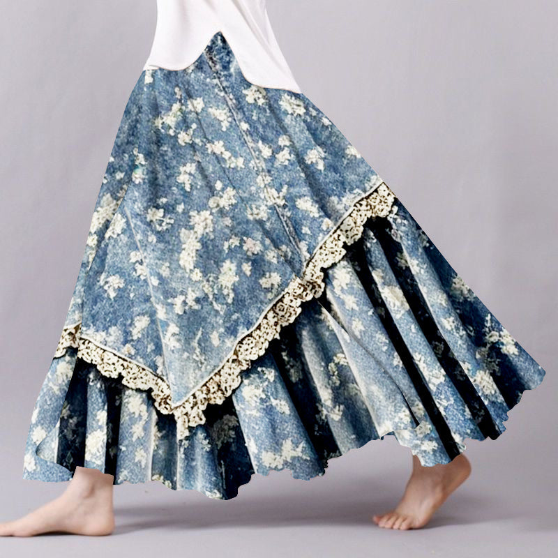 Vintage Floral Lace Patchwork Art Flowy Wide Skirt elevenforest