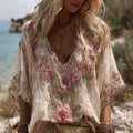 Women's Vintage Rose Embroidery Art V-neck Linen Blend T-shirt elevenforest
