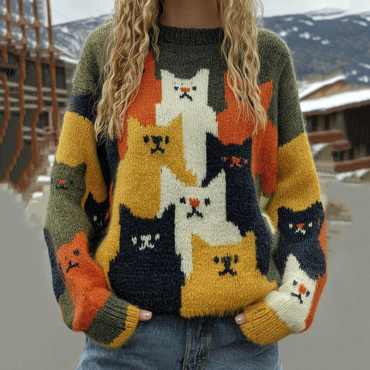Cute Colorful Cats Pattern Art Cozy Knit Sweater artswardrobe