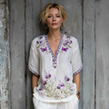Women's Vintage Floral Art Linen Art Casual T-shirt elevenforest