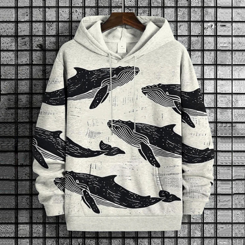 Men's Vintage Whale Linoleum Art Print Hooded Sweatshirt elevenforest