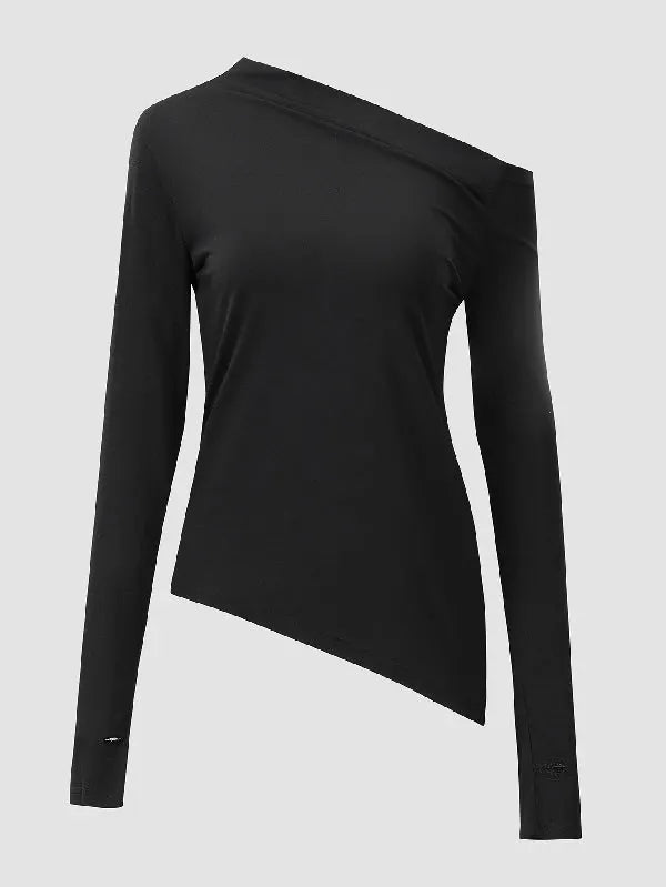 Stylish Color One-shoulder Long Sleeves T-shirt Top