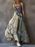 Classy Gradient Japanese Sakura Cherry Blossoms Embroidered Pattern Linen Suspender Long Dress elevenforest