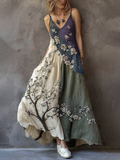 Classy Gradient Japanese Sakura Cherry Blossoms Embroidered Pattern Linen Suspender Long Dress elevenforest