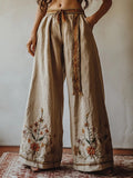 Vintage Floral Embroidered Linen Blend Casual Pants elevenforest
