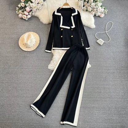 Spring and Autumn Chanel Style Suit Long Sleeved Contrast V Neck Knitted Cardigan High Waist Straight Wide Leg Pants Knitted Suit