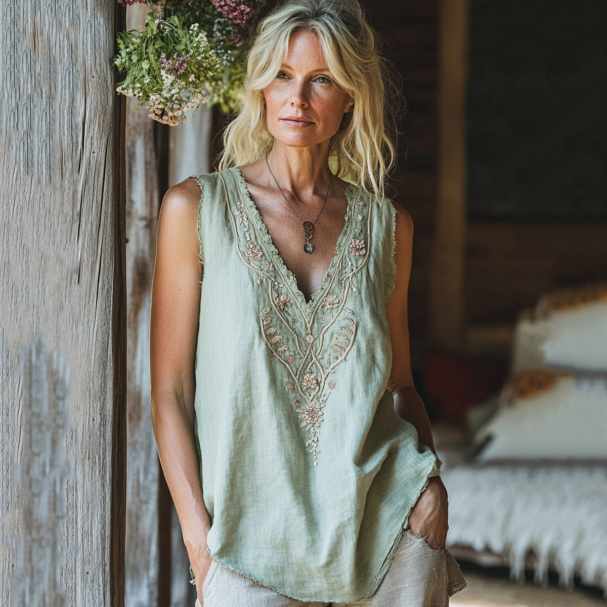 Women's Bohemian Vintage Floral Embroidery Art Tank Top elevenforest