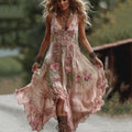 Women's Vintage Rose Embroidery Art Comfy Linen Maxi Dress elevenforest