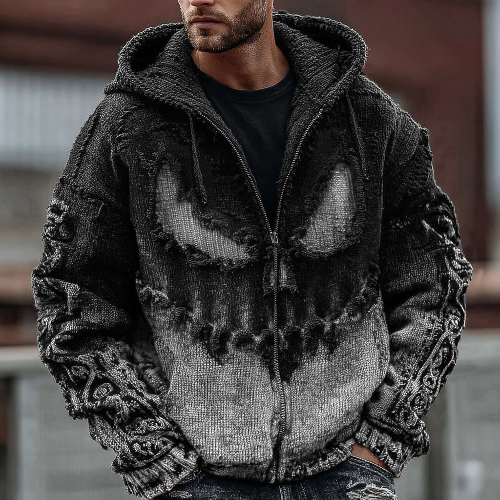 Men's Halloween Spooky Face Gradient Inspired Knitted Distressed Zipper Up Hooded Sweater elevenforest
