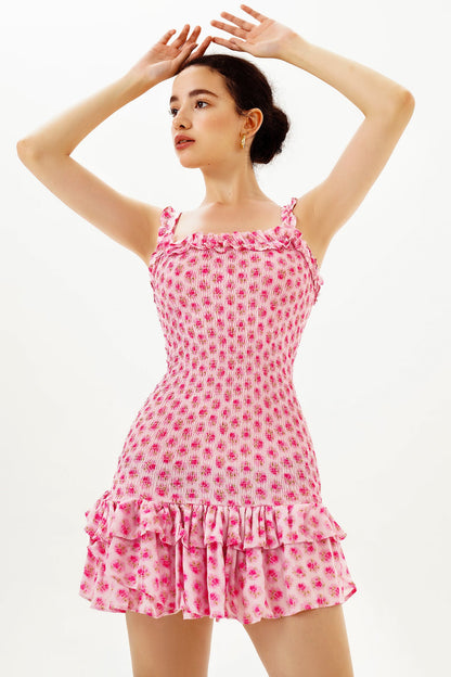 Smocked Elastic Peplum Ruffle Hem Cami Mini Dress