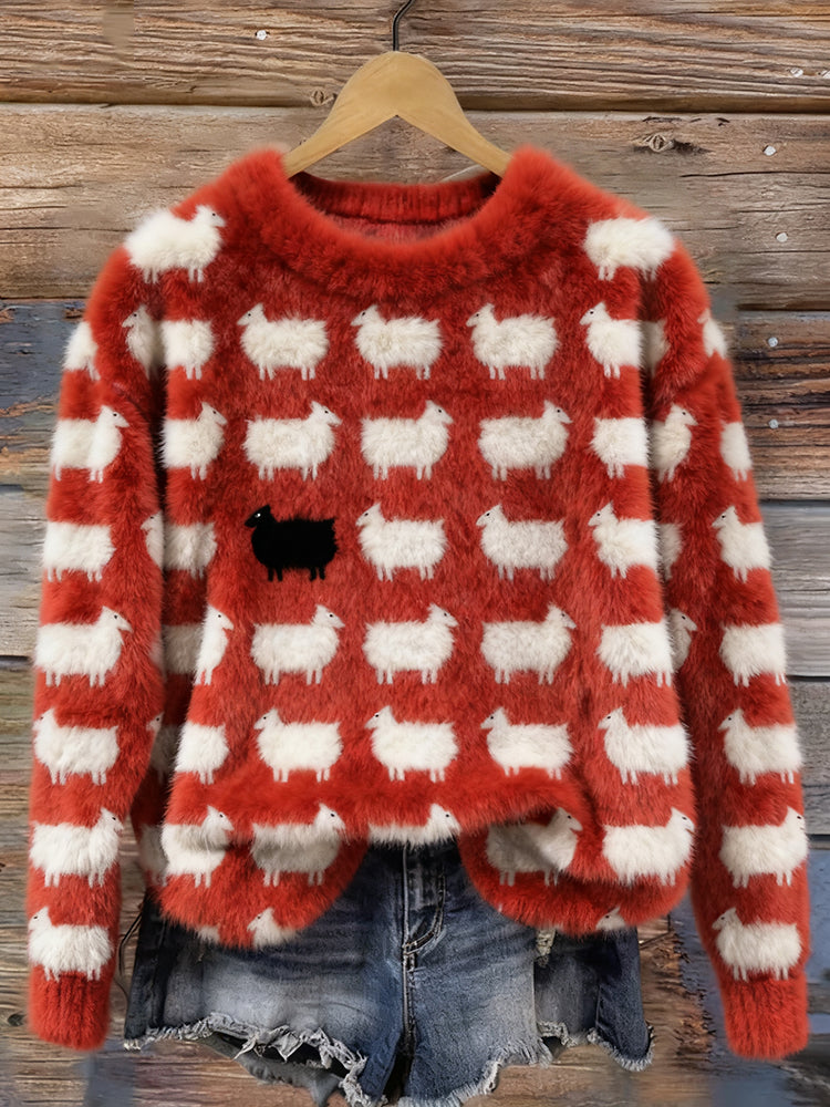Comstylish Vintage Cute Sheeps Pattern Round Neck Plush Sweater
