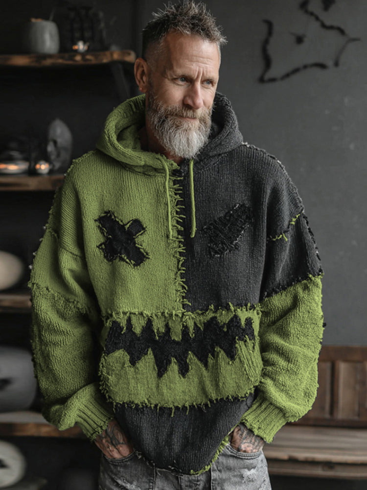 Men's Halloween Spooky Face Colorblock Stitched Hooded Cozy Knit Sweater elevenforest