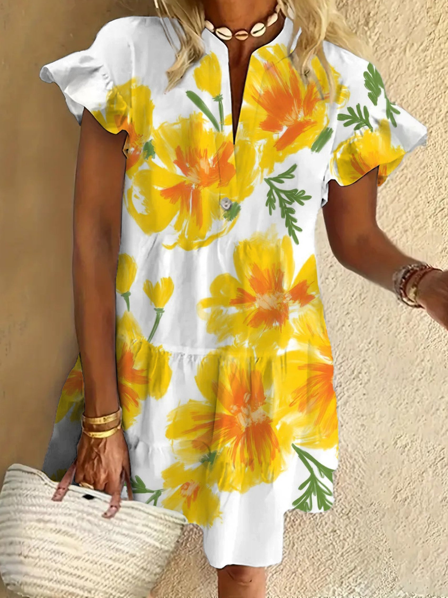 Yellow Flower Ruffled Short-sleeved V-neck Buttoned Dress Vacation Beach Dress