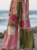 Vintage Rink Roses Embroidered Colorblock Linen Pants elevenforest