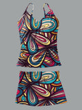 V-Neck Vintage Flowers Print Suspender Skirt Tankini Pantskirt Set Swimsuit