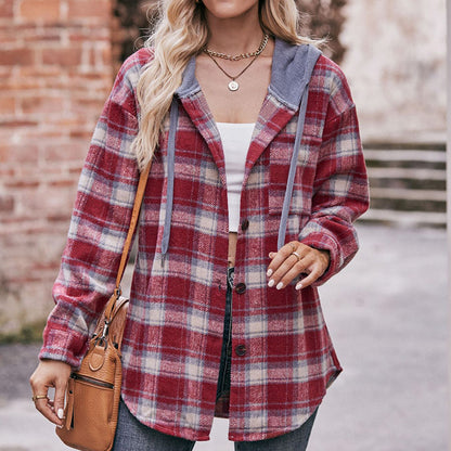 Hooded Flannel Plaid Coat Shirt in Multiple Colors