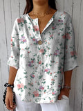Spring Floral And Vine Pattern Printed Women's Casual Cotton Linen Shirt