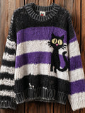 Comstylish Halloween Black Cat Striped Cozy Knitted Sweater