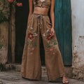 Women's Vintage Floral Embroidered Pattern Loose Linen Blend Pants elevenforest