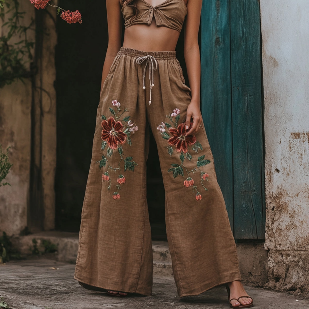 Women's Vintage Floral Embroidered Pattern Loose Linen Blend Pants elevenforest