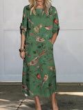 Vintage Style Finch Birds And Bough Pattern Printed Women's Comfortable Linen Pocket Dress