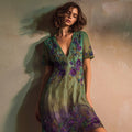 Vintage Floral Embroidered Gradient V Neck Linen Dress elevenforest