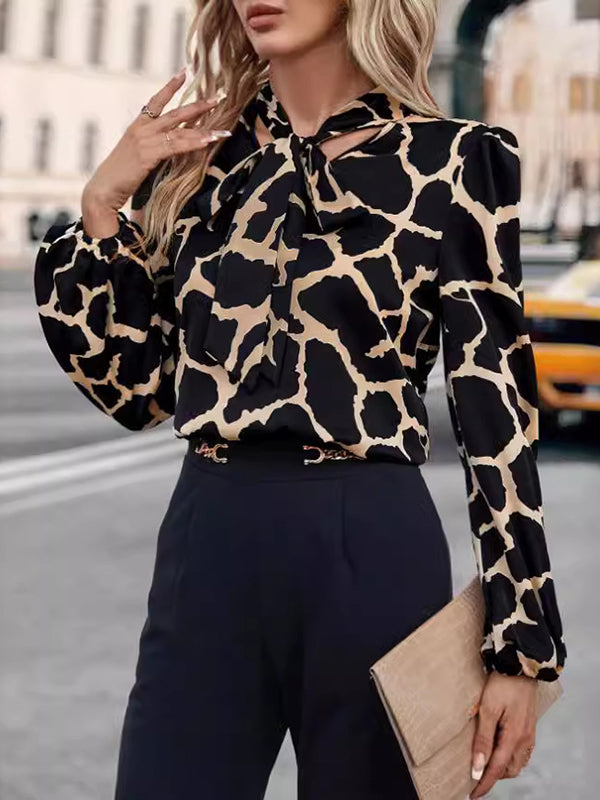 Loose Puff Sleeves Printed Split-joint Streamer V-neck Blouses